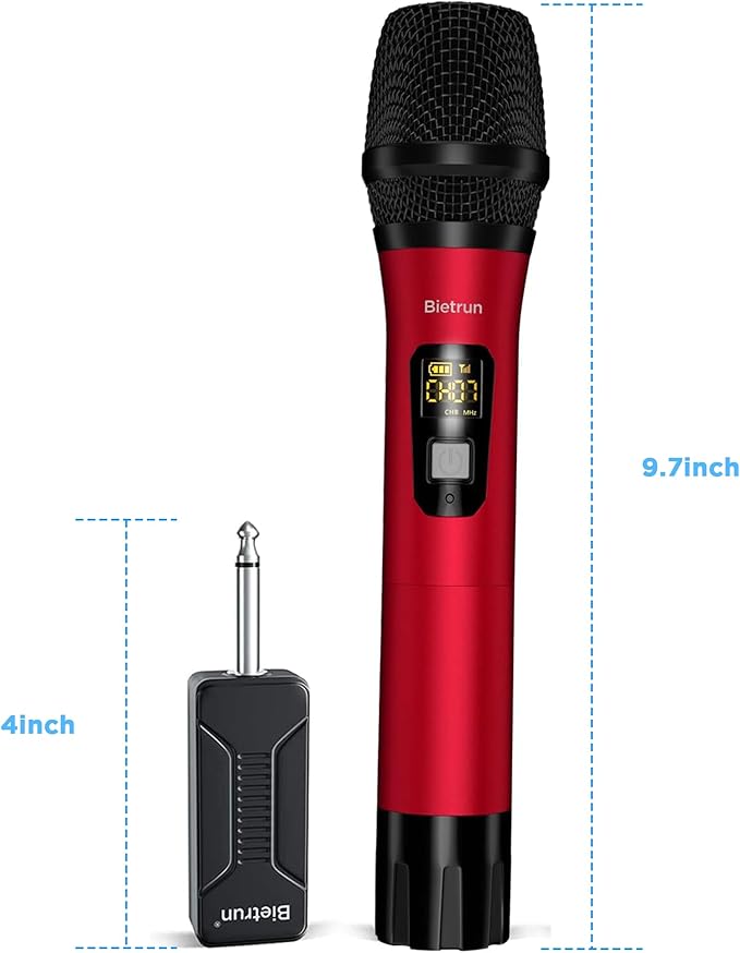 Wireless Microphone, Uhf Metal Dynamic Handheld Karaoke Mic, Rechargeable Receiver (Work 6hs),160ft Range, for Karaoke, Singing, Stage, Wedding, Speech, Karaoke Machine, Speaker, Amplifier, Mixer