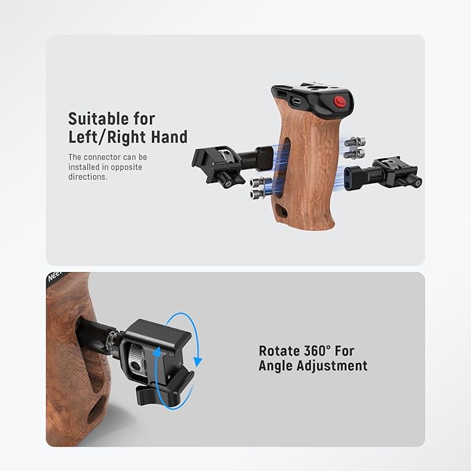 NEEWER Wooden Side Handle with Record Start/Stop Remote Trigger NATO Clamp 1/4" & 3/8" Threads Vertical Adjustment 22lb Load Compatible with SmallRig Camera Cage Sony Fujifilm Panasonic, CA123