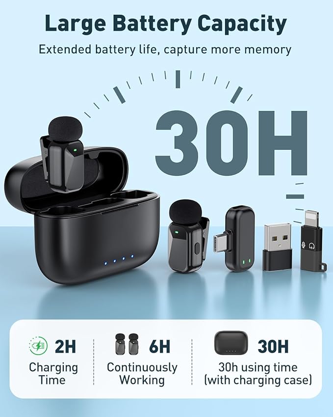PoP voice Mini Wireless Lavalier Microphone for iPhone 15/16/17 & Android, Lapel Mic with Noise Reduction, 30H Battery Life with Charging Case, Lav Mic for iPhone Vlogging, Video Recording, Podcast