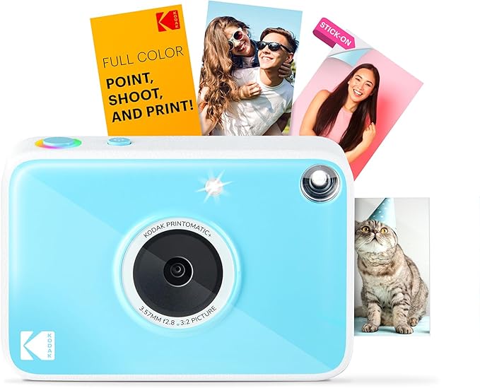 Kodak Printomatic+ Instant Camera (SkyBlue) Prints Full-Color Photos on Zink 2x3” Sticky-Backed Photo Paper, 10MP Portable Camera with Interactive RGB LED Status Indicator, Easy & Fun