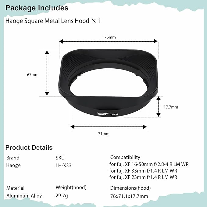 Haoge LH-X33 Lens Hood Metal Square Bayonet for Fujinon XF16-50mm F2.8-4.8 R LM WR,XF33mm F1.4 R WR Lens, Fuji XF 33mm f/1.4 R LM WR Hood Shade