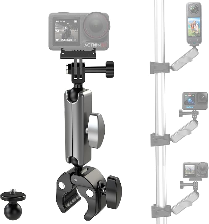 Bike/Bicycle/Motorcycle Handlebar Clamp Mount for DJI Action 6/5 Pro, with 360° Dual Ball Head for Insta360 X5/X4, DJI Osmo Nano, Osmo 360, Osmo Action 4, All GoPro - Action Camera Accessories
