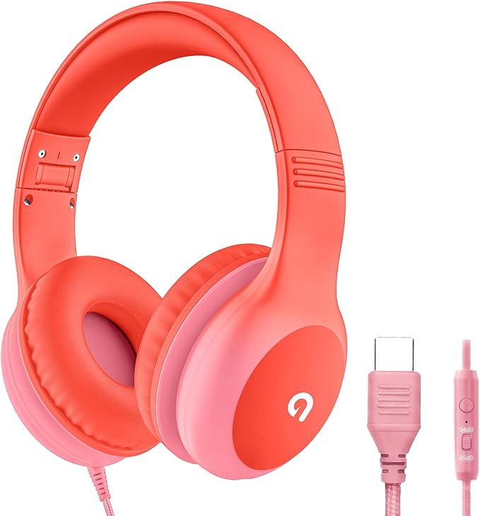 Wired Kids Headphones with USB C Plug, 85dB Safe Volume, Adjustable Headband, Tangle-Free Cord Headphones for School, Tablet, Travel (Coral Red & Soft Peach, with Microphone)