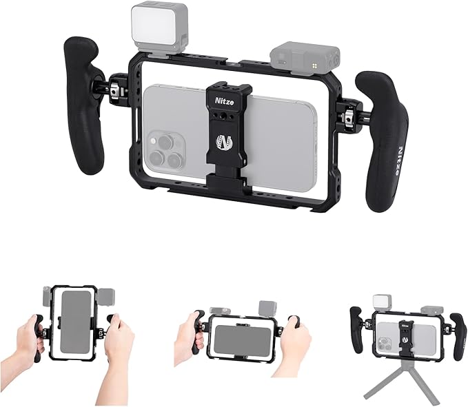 Nitze Smartphone Cage, Universal Phone Video Rig, with Ergonomic Side Handles, Adjustable Cellphone Clamp and 5 Built-in Cold Shoes, for Vlogger and Videographer - T-MP01B