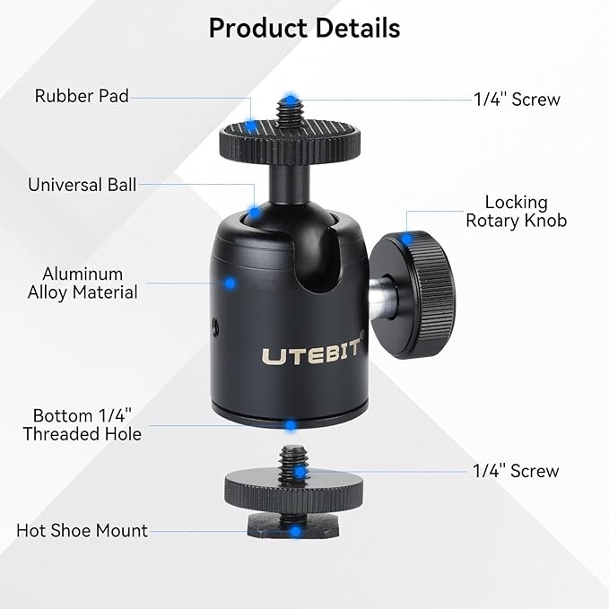 UTEBIT Mini Ball Head with 1/4" hot Shoe, 360° Rotatable Ball Heads Camera Mount Adapter (24mm Ball Head)