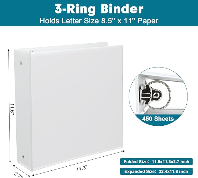3 Ring Binder, LAYZZ 6 Pack 2 Inch Binders 3 Ring with 2 Pockets, Round Ring Binders, Clear Cover Binders for Letter Size 8.5"x11" Paper, PVC Free, Suitable for School Home and Office (White)