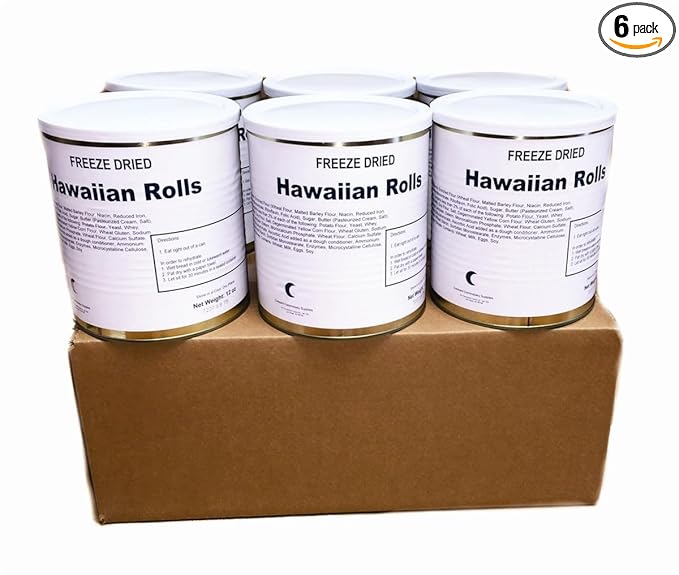 Military Surplus Freeze-Dried Hawaiian Rolls – 12 oz per Can– Emergency Survival Camping Food – 25+ Year Shelf Life – Long-Term Storage #10 Can – Soft & Sweet – Ready to Eat or Rehydrate – Made in USA Pack of 6