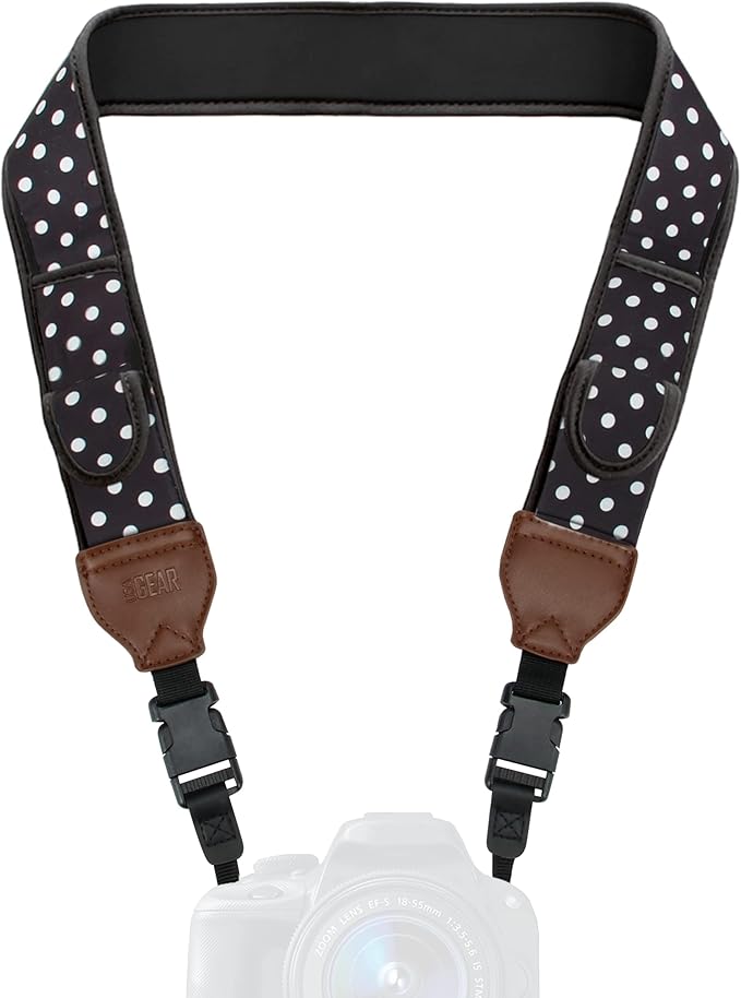 USA Gear TrueSHOT Camera Strap Neoprene Camera Straps - Padded Neck Strap, Pockets, and Quick Release Buckles - Compatible with Canon, Nikon, Sony and More DSLR and Mirrorless Cameras (Polka Dot)