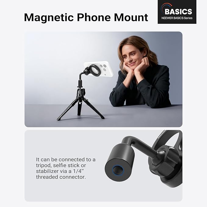 NEEWER Basics Magnetic Phone Tripod Mount Adapter, 360° Ball Head Aluminum Compact Lightweight Portable Phone Holder Attachment Compatible with MagSafe iPhone Samsung Android Video Recording, PA149