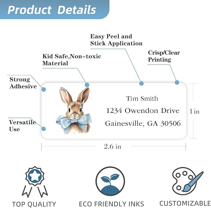 Address Labels Personalized Return Address Labels, 2.6" x 1" Easter Bunny Custom Mailing Label for Envelopes (30-1200) Customized Self Adhesive Stickers Printable Mail Envelope Adress Label, White