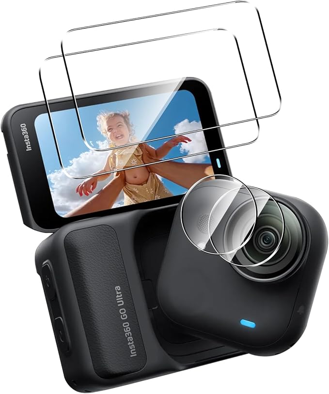 2 Pack Compatible with Insta360 Go Ultra Screen Protector + 2 Pack Camera Lens Protector,Full Coverage 9H Tempered Glass Film,HD Clear Scratch Resistant for Insta 360 Go Ultra Accessories