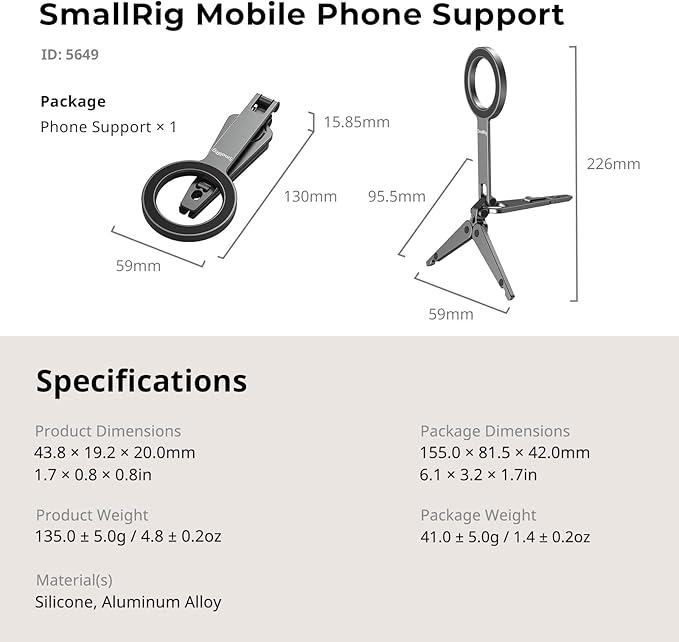 SMALLRIG Dual Magnetic Phone Tripod, Metal Cell Phone Mount Grip with 1/4" Threads, 270° Adjustable Phone Holder Mini Pocket Tripod for iPhone 17/16/15/14/13 Series -5649