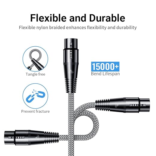 XLR Cables 2FT/0.6M, Premium Nylon Braided & Gold-Plated Rean Connectors,Balanced Microphone Cable with 3-Pin XLR Male to Female Mic Speaker Cable -Gray
