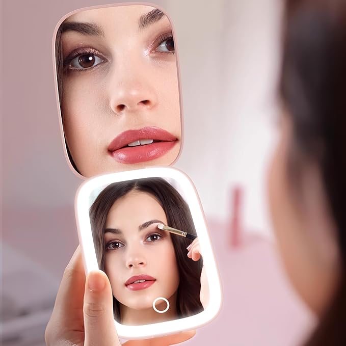 Compact Mirror with Light, 1X/3X Magnification LED Travel Pocket Makeup Mirror with 3 Color Modes, Rechargeable and Dimmable, Portable Lighted Mirror for Women – Pink