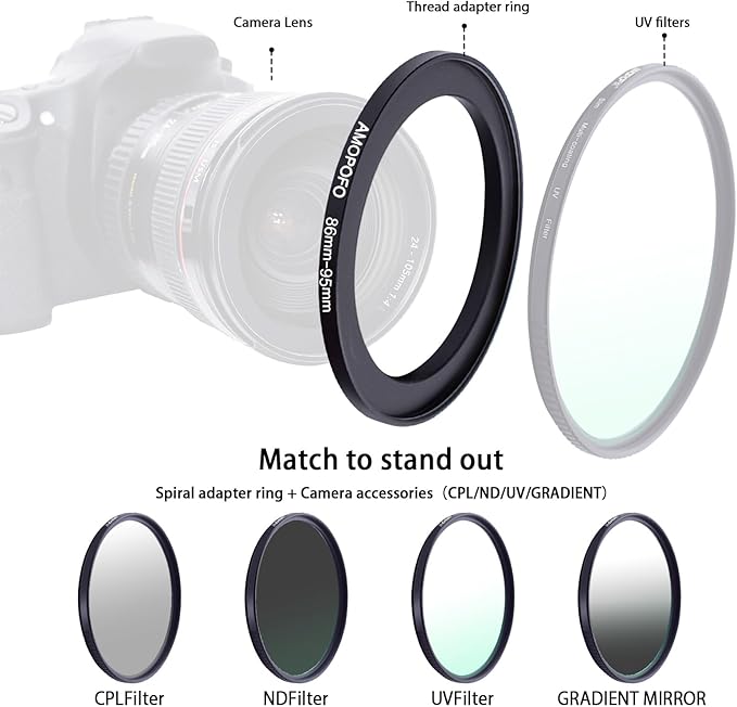 86mm to 95mm Step-Up Ring Filter adapter/86mm to 95mm Camera Filter Ring for 95mm UV,ND,CPL,Metal Step Up Ring