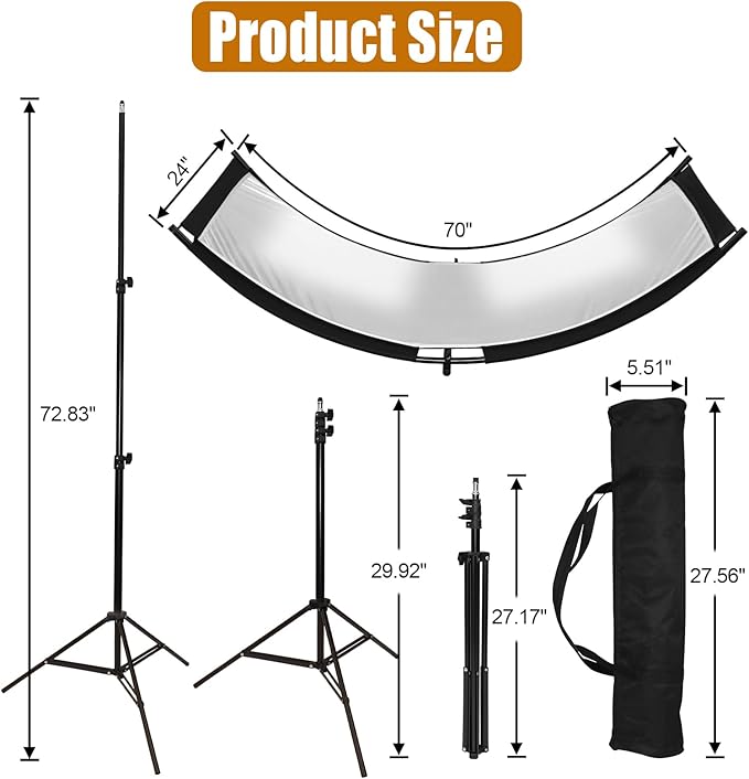 Clamshell Light Reflector Diffuser with Stand and Carrying Bag, 70"x24"/180x60cm Arclight Curved Lighting Reflector for Photo Studio Photography with White/Gold/Silver/Black Colors by MCCKLE