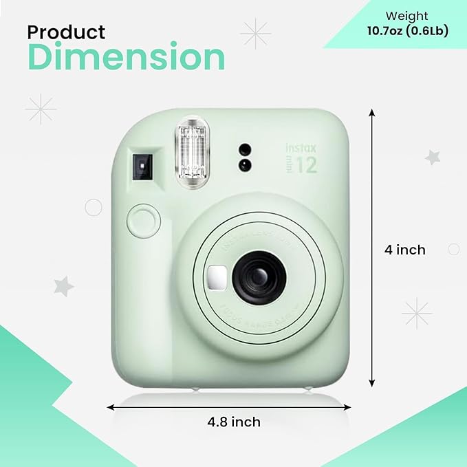 Fujifilm Instant Mini 12 Camera + Accessory Bundle & Custom Case + Fuji Instant (20 Shots) Designer Mini Photo Album (60 Pockets) (Mint Green)