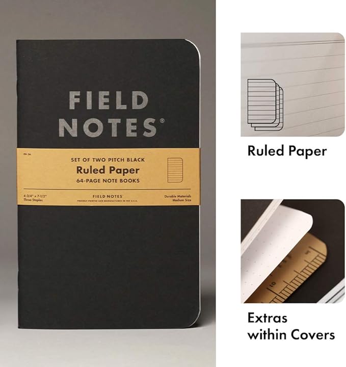 Field Notes 2-Pack Pitch Black Notebooks (4.75" X 7.5"), Ruled, 64 Pages | Thin Pocket Sized EDC Notebook With 90 GSM Paper & Paperback Cover | Work Notebooks For Note Taking | Made in the USA