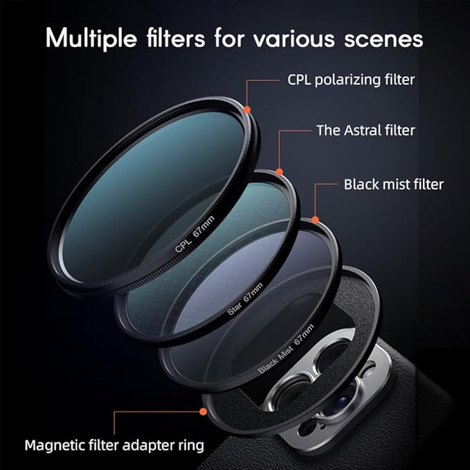 Andoer 67mm Phone Lens Filter Kit Including CPL Filter + Astral Filter + Black Mist Filter + 67mm Magnetic Adapter Ring + Phone Case Replacement for iPhone 15 Pro