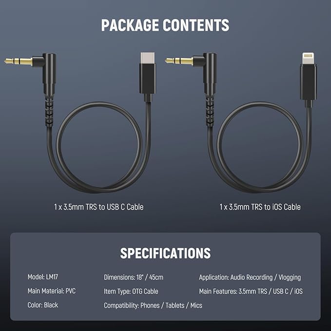 NEEWER 2 Pack Audio Cable Set, Male to Male 3.5mm TRS to USB C + 3.5mm TRS to iOS, Compatible with DJI Mic Rode Wireless GO II Hollyland NEEWER CM28 CM31 Wireless Mic iPhone iPad Android Mac, LM17