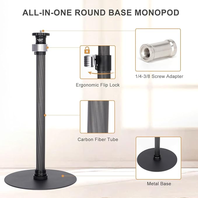Koolehaoda Monopod Stand for Desk, 16"-28" Adjustable Carbon Fiber Extension Rod with Heavy Base, Table Mount Stand for DSLR Camera, Light, Webcam, Live Streaming, Vlogging