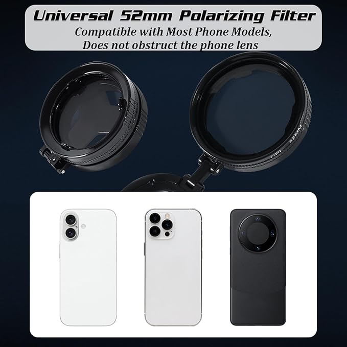 Anti-Glare Magnetic Phone Filter, Professional 52mm CPL Polarizing Filter, Reduces Reflections Enhances Colors, Magnetic Phone Camera Filter for Glass & Product Photography (2PCS)