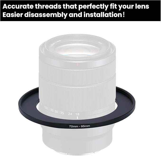 Metal Step Up Ring Filter Adapter - 72mm to 95mm - Metal Ring Step Up Rings Adapter Filter Compatible with All 95mm UV, CPL, ND, Lens Hood, Threaded Lens ect