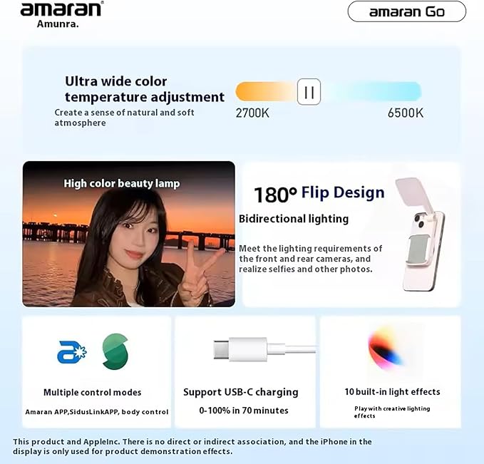 Magnetic Selfie Phone Light,Amaran Go Dual LED Light Source with Adjustable Mirror Light CCT 2700K-6500K,Rechargeable for Selfie,Makeup,Video Conference,TikTok,for iPhone & Android (Blue)