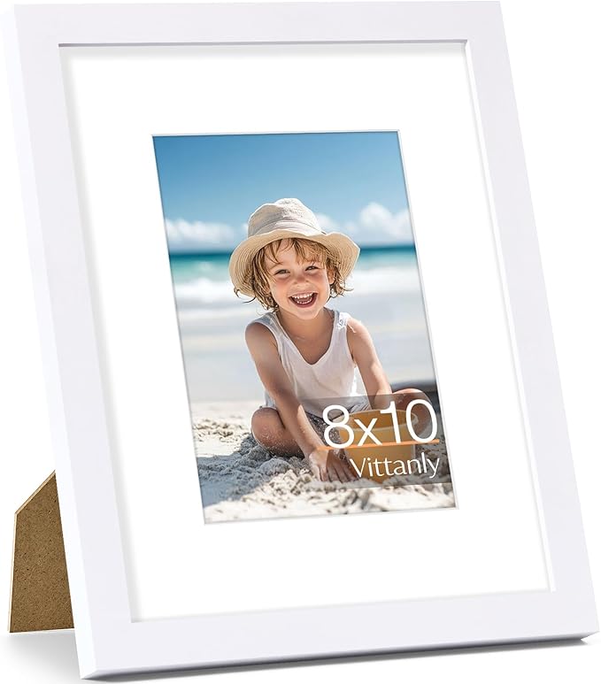 Vittanly 8x10 Picture Frame, Made of Solid Wood and Shatterproof Plexiglass, Display Pictures 5x7 with Mat or 8x10 without Mat, Wooden Photo Frame for Wall Mounting or Tabletop Display, White, 1 Pack