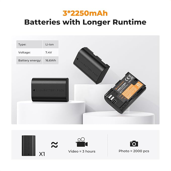 K&F CONCEPT 3-Pack LP-E6NH Battery and Triple Slot Charger Compatible with Canon EOS R7, R6, R5, R, 6D Mark II, 5D Mark IV, 5D Mark III, 5DS, 5DS R, 5D Mark II, 80D, 90D, 6D, 7D, 7D Mark II, 2250mAh