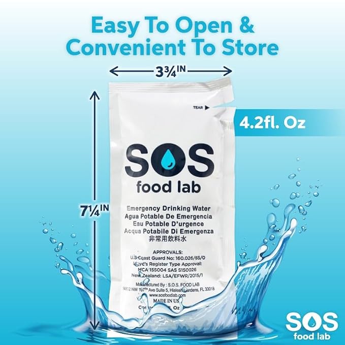 SOS Food Lab Emergency Water Pouches - 2 Gallons (62 Count, 4.2 Fl Oz Each) - Triple Purified, UV Sterilized Filtered Drinking Water for Disaster & Survival Kits - 5 Year Shelf Life, US Navy Approved