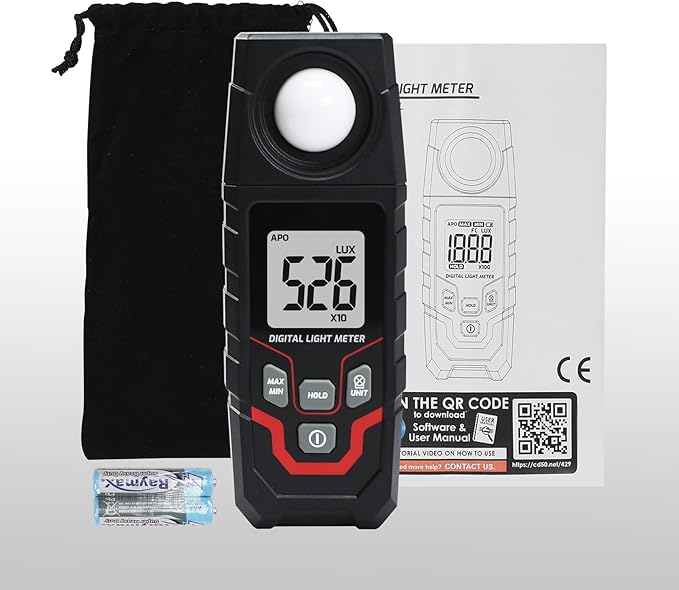 Light Meter Digital Illuminance Meter, Lux/Foot Candles Meter, Range up to 200,000 Lux Handheld Photometer with 4 Digit LCD Display Backlit Light Meter Photography Luxmeter for LED Plants