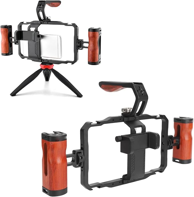 Universal Phone Cage, Aviation Aluminum Phone Video Rig with 12x 1/4 Threaded Holes 4X Cold Shoe Openings, Dual Handle Power Bank Stand, for Pixel 5580mm Width