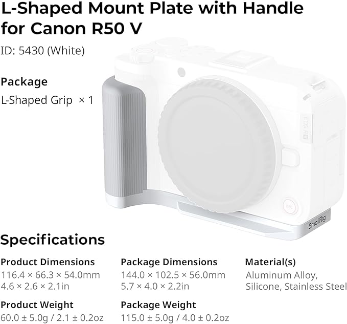 SMALLRIG R50 V Handgrip L-Shape Grip for Canon R50V with Quick Release Plate for Arca, Lightweight Ribbed Side Handle, Cold Shoe Mount, 1/4"-20 threaded holes, Support Vertical Shooting (White) - 5430