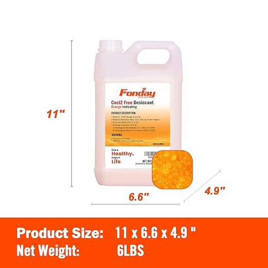 12LB Fonday Premium Moisture Indicating Silica Gel Desiccant Orange to Green Rechargeable Industry Standard Bead Size 3 to 5mm