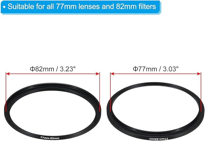 PATIKIL 77mm-82mm Metal Step Up Ring with Cleaning Cloth, 2 Pack Camera Lens Filter Adapter Ring Aluminum Filter Adapter Ring for Camera Lenses Hood, Black