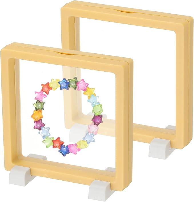 PATIKIL 2Pcs Floating Display Case, 4.3 Inch Jewelry Display Case Stand Challenge Coin Holder Frames Transparent Small Storage Box 3D for Necklace Bracelets Pendants, Light Yellow/White