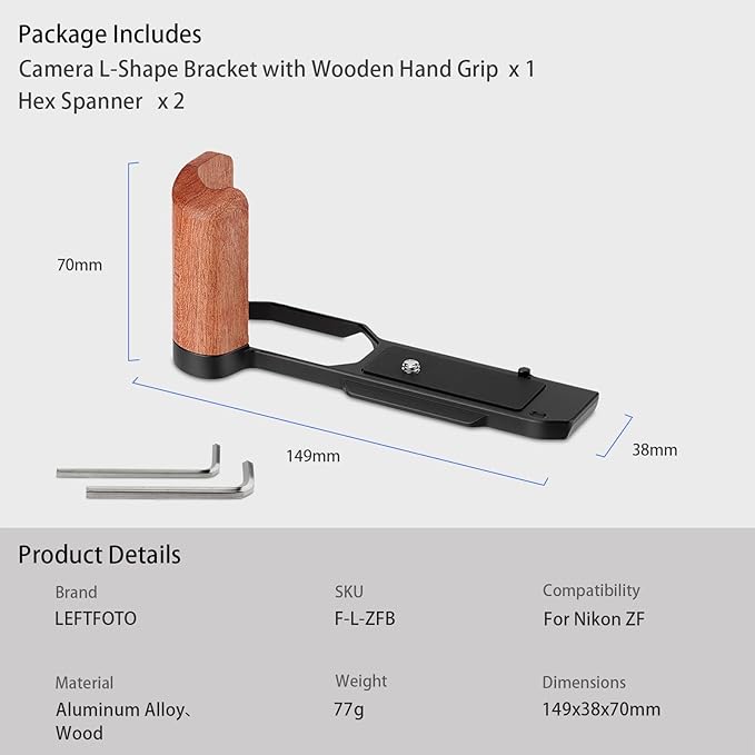 Leftfoto Z f Wooden Hand Grip L Bracket for Nikon ZF Camera, with Built-in Bottom Quick Release Plate for Arca for Quickly Switch on Gimbal/Tripods/Handheld Shooting (Black)