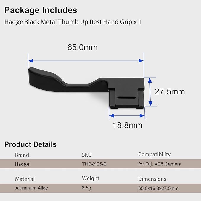Haoge Metal Thumb Up Grip for Fujifilm XE5 Camera Digital AccessoriesTHB-XE5-B Hot Shoe Thumb Up Rest Support Handgrip Black