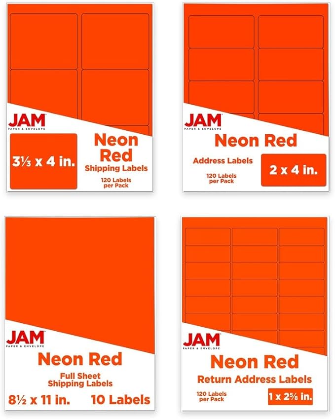 JAM PAPER Shipping & Mailing Address Labels - Multi Size Assortment - Neon Red - 370/Pack