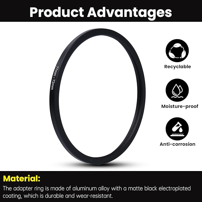Metal Step Down Ring Filter Adapter - 77mm to 72mm - Metal Ring Step Down Rings Adapter Filter Compatible with All 72mm UV, CPL, ND, Lens Hood, Threaded Lens ect