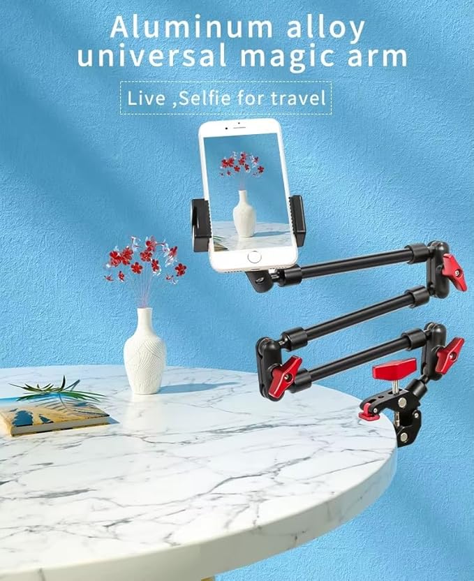 REFLEX CAMERA Adjustable Magic Arm - 80cm - with Universal Phone Holder – Flexible Aluminum Alloy Camera Mount Clamp for Tripod, Overhead Rig, Vlogging, Live Streaming, Photography, Video Recording