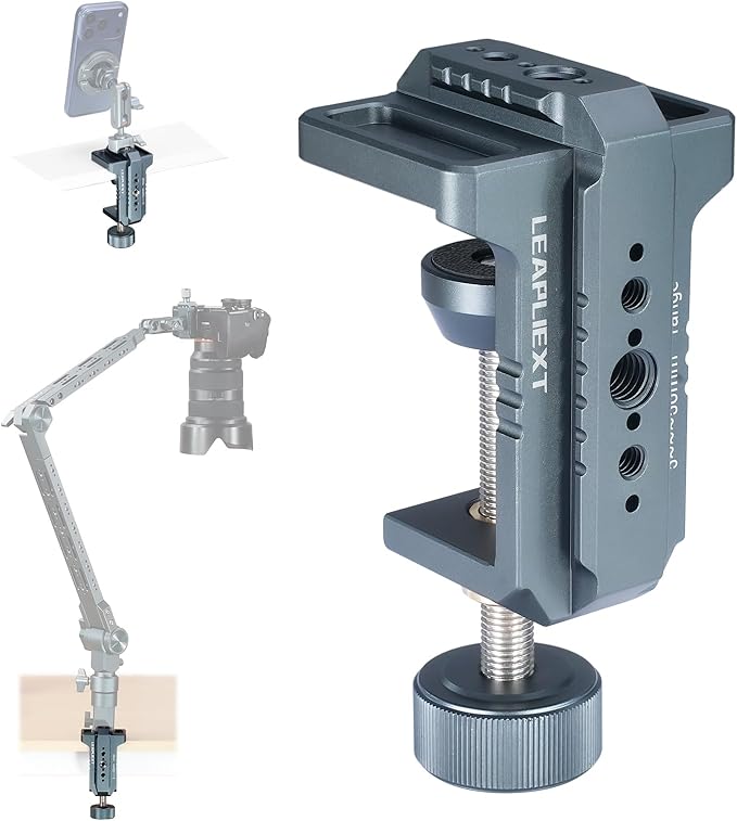 Heavy-Duty Super Clamp for Magic Arm，Aluminum alloy material，1/4"& 3/8"Threads and NATO Rail，Load Capacity: Up to 50 kg / 110 lbs， Desktop or Round Tube Mounting for Tripods and Magic Arms
