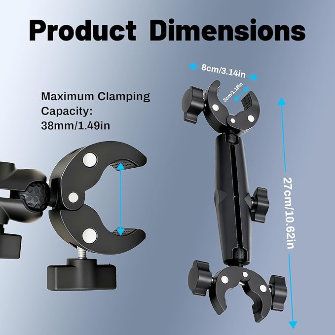 Wokyo Double Super Clamp Camera Mount 12" with Aluminum Magic Arm 360° Ballhead Camera Mount for Studio Light Stand Boom Stand Reflector Cross Bars Tripod Monitor Desk Bike Photography Reflector Flag
