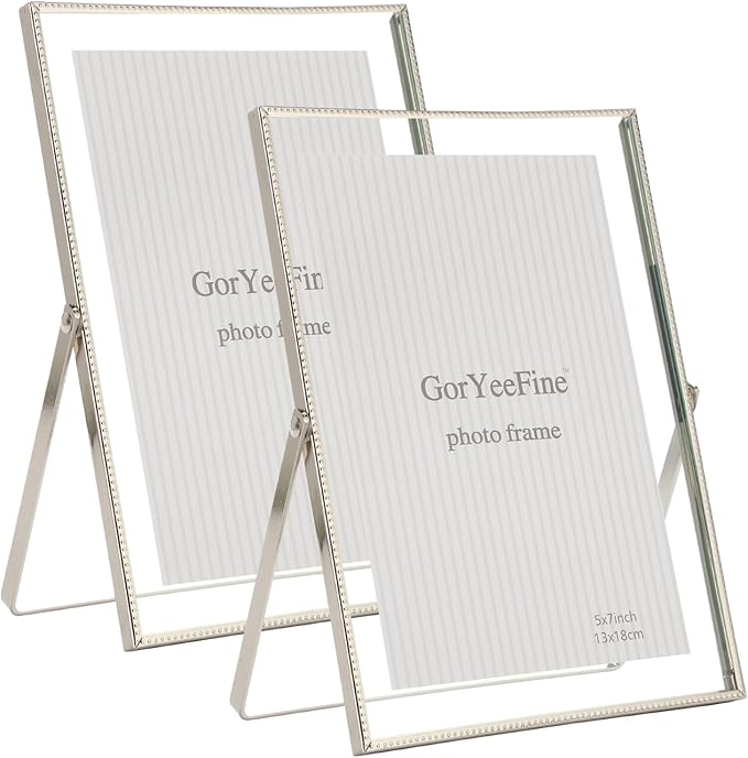 Silver 5x7'' Floating Frame Set of 2, For Photo Sizes (2x3'', 3.5x5'' 4x 6'' up to 5x7'' ), Beautiful Metal Lace Edge Frames Adjustable Tabletop/Shelf Photo Frame, Classy Gift Choice for Wedding,
