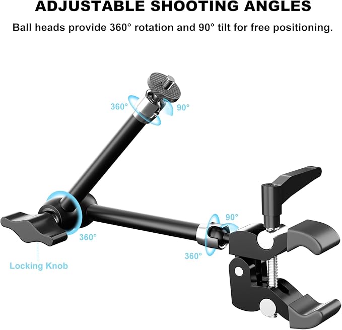 UYODM 2 Pack Articulating Magic Arm Clamp Mount with Super Clamp, 11" Magic Arm Camera Mount with 1/4" Thread, Articulating Arm Friction Camera Mount for Webcam, LED, DSLR, Flash, Security Cameras
