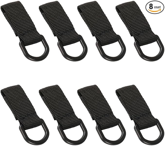ZYAMY 8PCS Tactical D Ring Clips with Hooks and Rings Backpack Accessories Water Bottle Key Holder for Military D Ring Adapter Nylon Strap Backpack Webbing Attachment Brown/Black