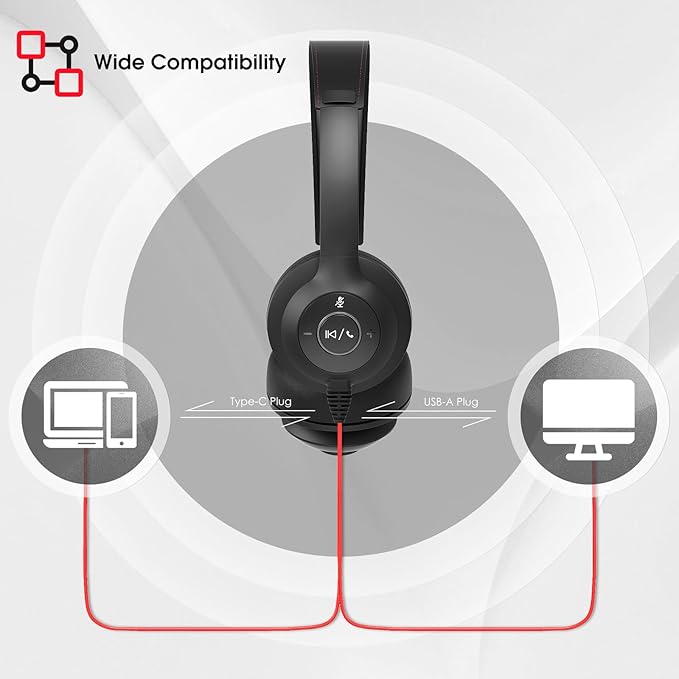 USB Headset with Microphone for PC/Laptop, Wired Headphones with Noise Cancelling Mic, USB C & USB A, All-day Comfort, Lightweight Computer Headset for Home Office, Call Center, School, Remote Work