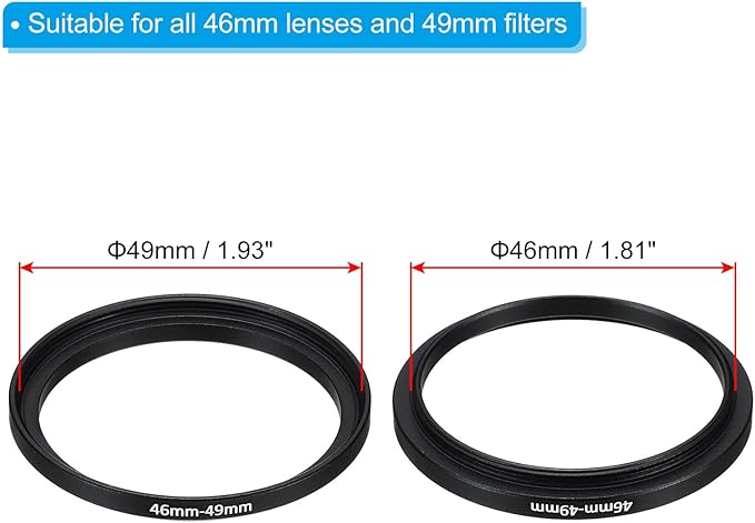 PATIKIL 46mm-49mm Metal Step Up Ring with Cleaning Cloth, 2 Pack Camera Lens Filter Adapter Ring Aluminum Filter Adapter Ring for Camera Lenses Hood, Black