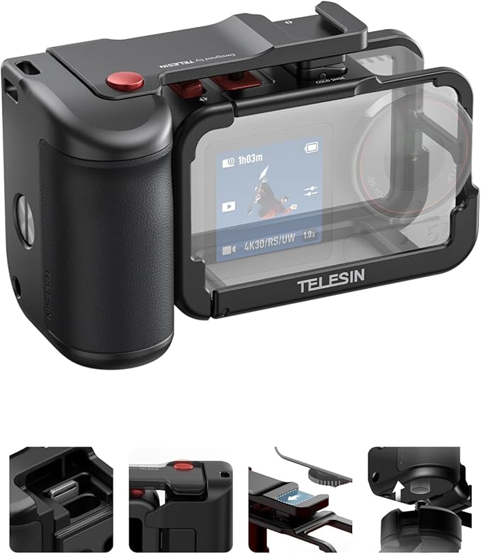 TELESIN Metal Handle Grip Kit for DJI OSMO Action 5 Pro/4/3 with Cage, Camera Street Photography Grip Set for DJI, Quick Release, Patented Seesaw Shutter Button, Cold Shoe, Wrist Strap, 1/4 Threaded